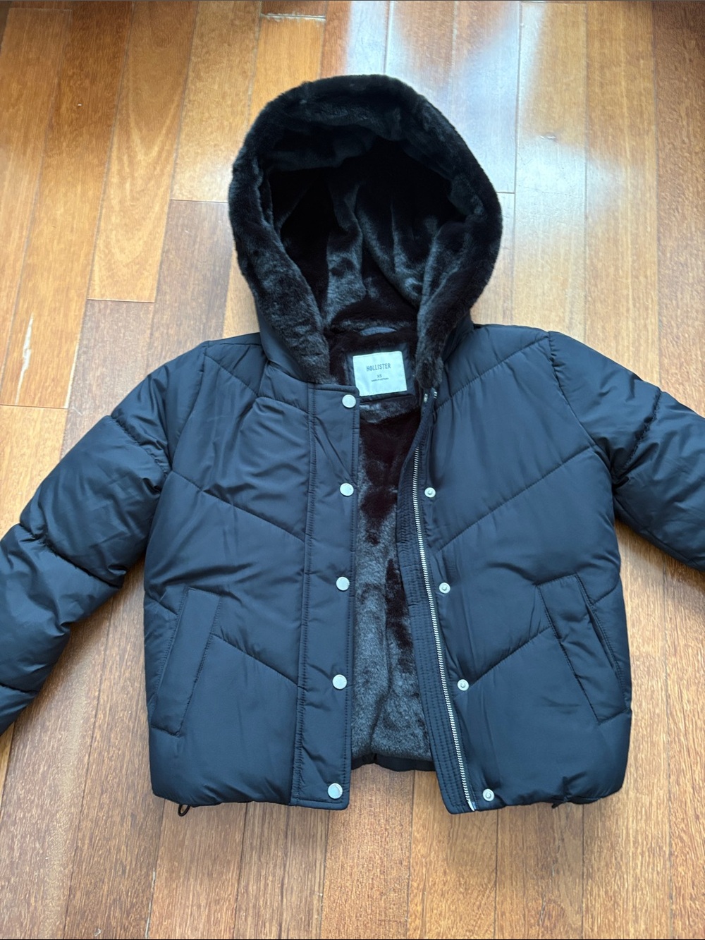 Hollister Black Puffer Jacket with Faux-Fur Hood
